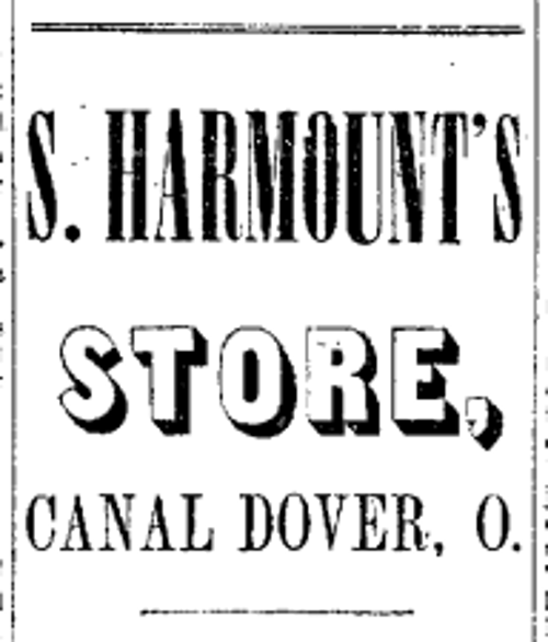 Advertisement for Simpson Harmount's Store in Dover, Ohio, 21 June 1867 found in the New Philadelphia Ohio Democrat newspaper.