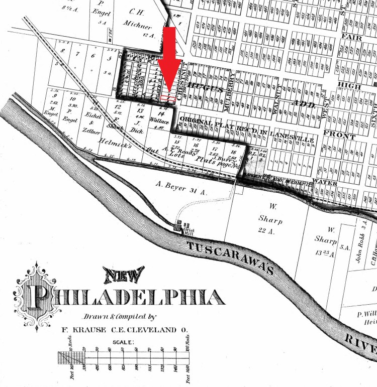 Location of Joseph Axx's house on the 1875 New Philadelphia map in the 1875 Tuscarawas County Atlas.