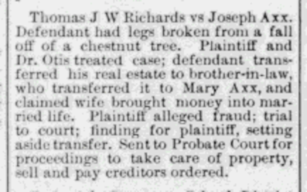 News of the lawsuit regarding Joseph Axx's accident, June 24, 1886 in the New Philadelphia Times.