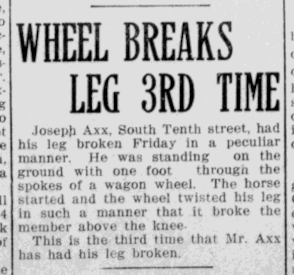 News of Joseph Axx's third accident, October 12, 1912 in the New Philadelphia Daily Times.