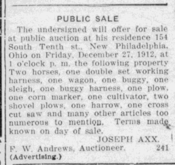 News of the sale of Joseph Axx's belongings from the December 12, 1912 New Philadelphia Daily Times.