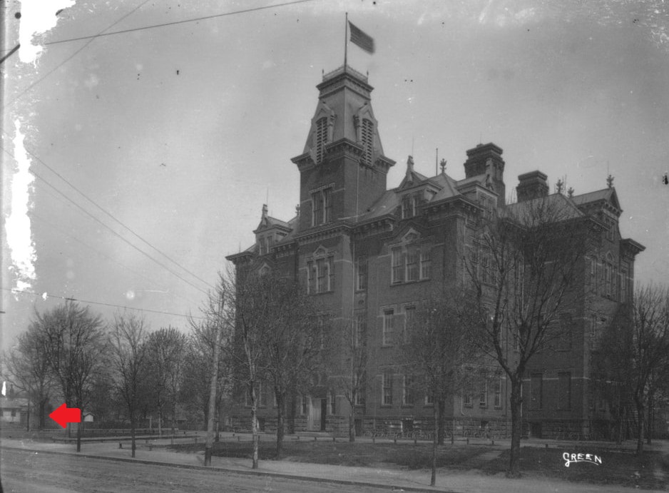 View of Central School in New Philadelphia showing the house on Lot 386 (arrow). (Source: tuschs.org)