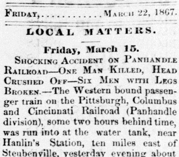 Headline of the report of the railroad accident that claimed the life of Gershom H. Kilgore, March 1867.