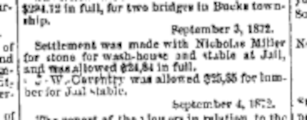 Reference to Nicholas Miller, Stone Mason, providing stone for the washhouse and stable at the county jail in New Philadelphia, 3 September 1872.
