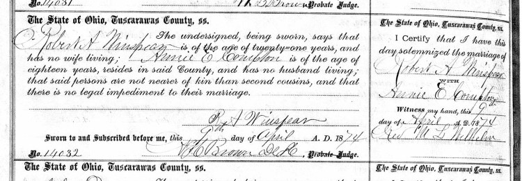 Record of the marriage of Anne Compton to Robert Winspear, 9 April 1874.
