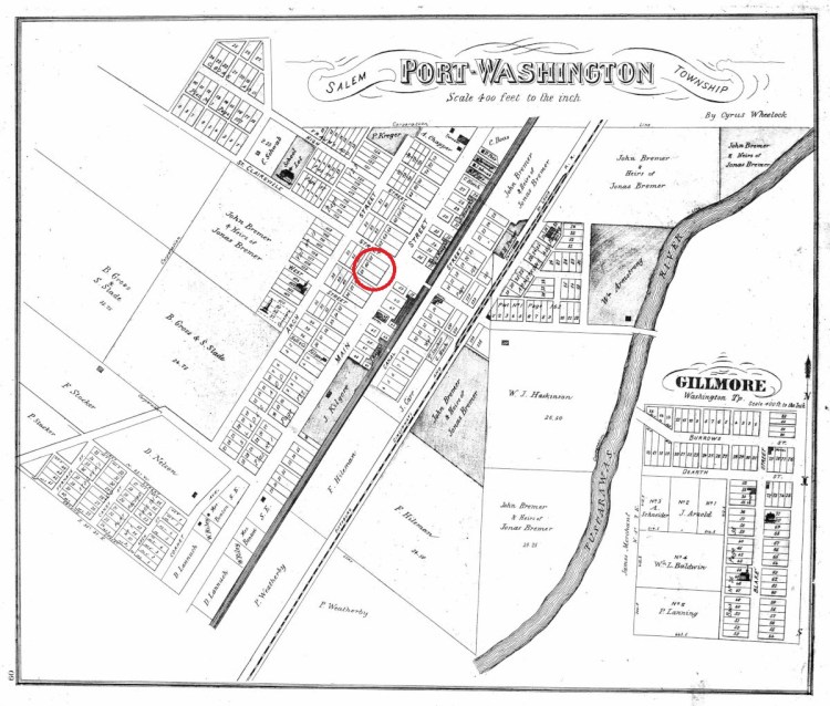 The location of the Kilgore House on the map of Port Washington, Ohio found in the 1875 Tuscarawas County Atlas. (Source: ancestry.com)