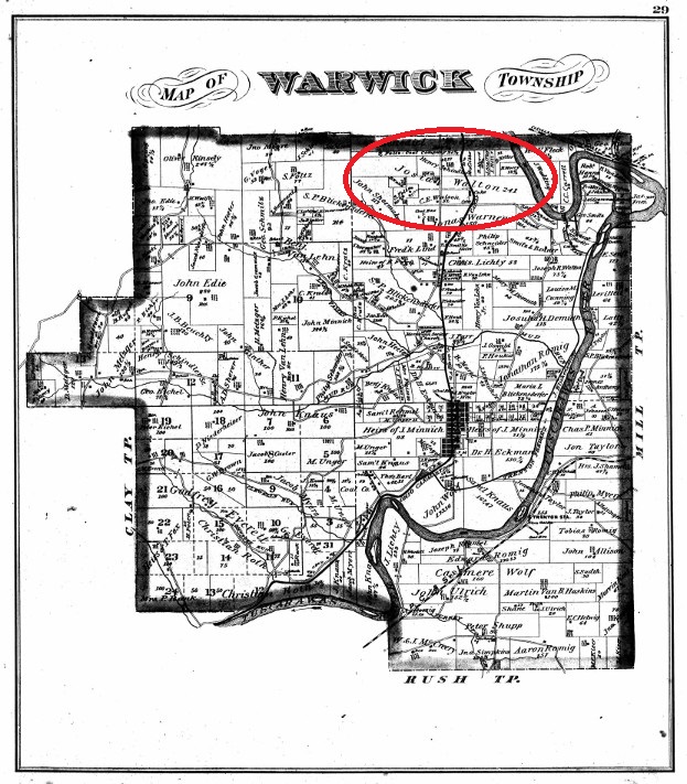The location of the Josiah Walton Farm depicted in the 1875 Atlas of Tuscarawas County. (Source: ancestry.com)