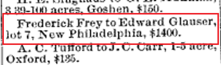 Newspaper reference to Edward Glauser's purchase of Lot 7 (East Front Street) in New Philadelphia, 27 September 1894. (Source: newspaperarchive.com)