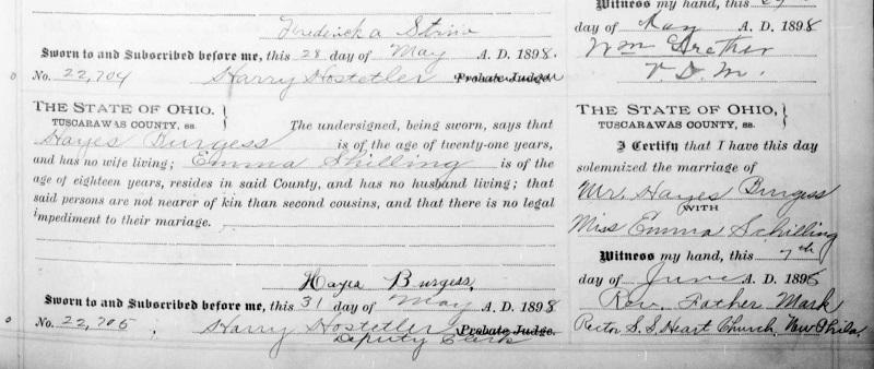 Record of the marriage of Frederick A. Strine and Emma Schilling, 7 June 1898. (Source: familysearch.org)