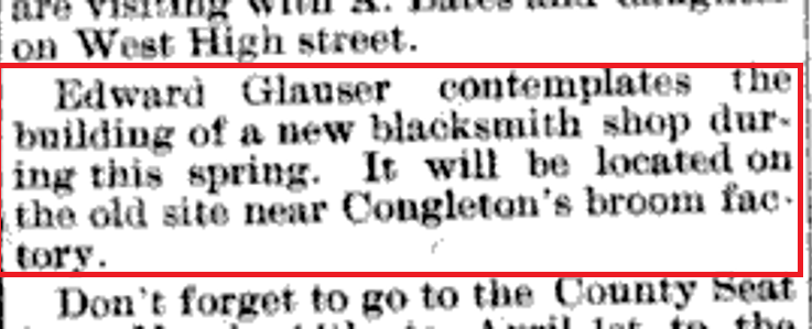 Newspaper reference to Edward Glauser's construction of a new blacksmith shop, 13 March 1902. (Source: newspaperarchive.com)