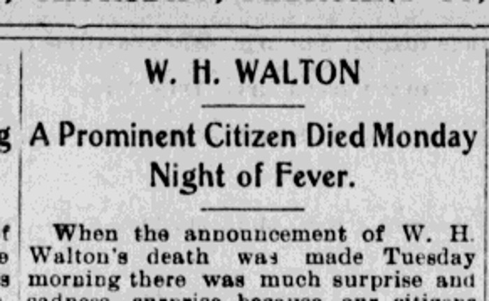 Newspaper report of the death of William H. Walton, 11 February 1904.