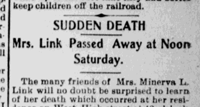 Newspaper report of the death of Minerva L. Link, 18 February 1904.
