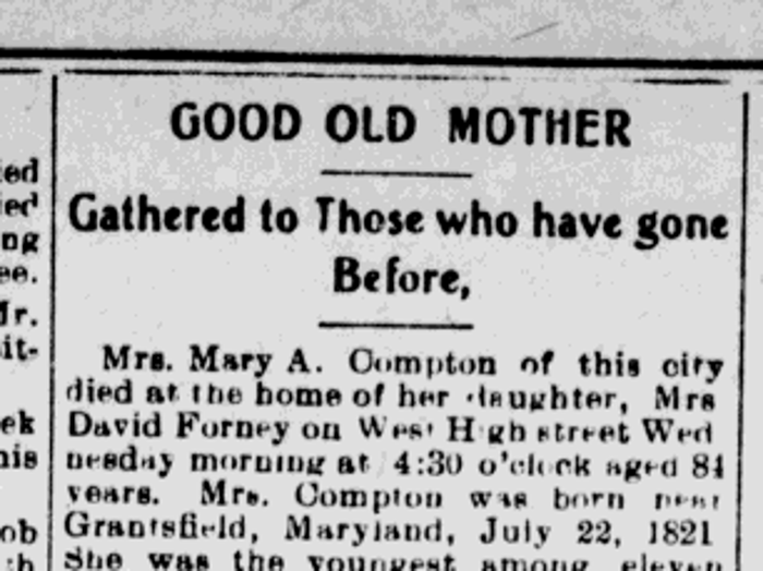 Newspaper report of the death and funeral of Mary Compton, Anne Compton Winspear Forney's mother, 9 February 1905.