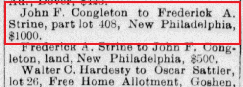 Newspaper report of the purchase a portion of Lot 408 on West Ray Street by Frederick A. Strine, 27 July 1905. (Source: newspaperarchive.org)