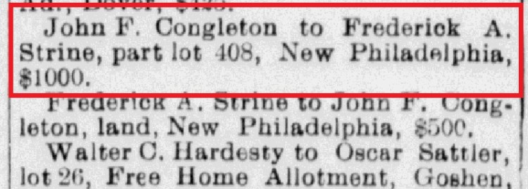 Newspaper report of the purchase a portion of Lot 408 on West Ray Street by Frederick A. Strine, 27 July 1905. (Source: newspaperarchive.org)