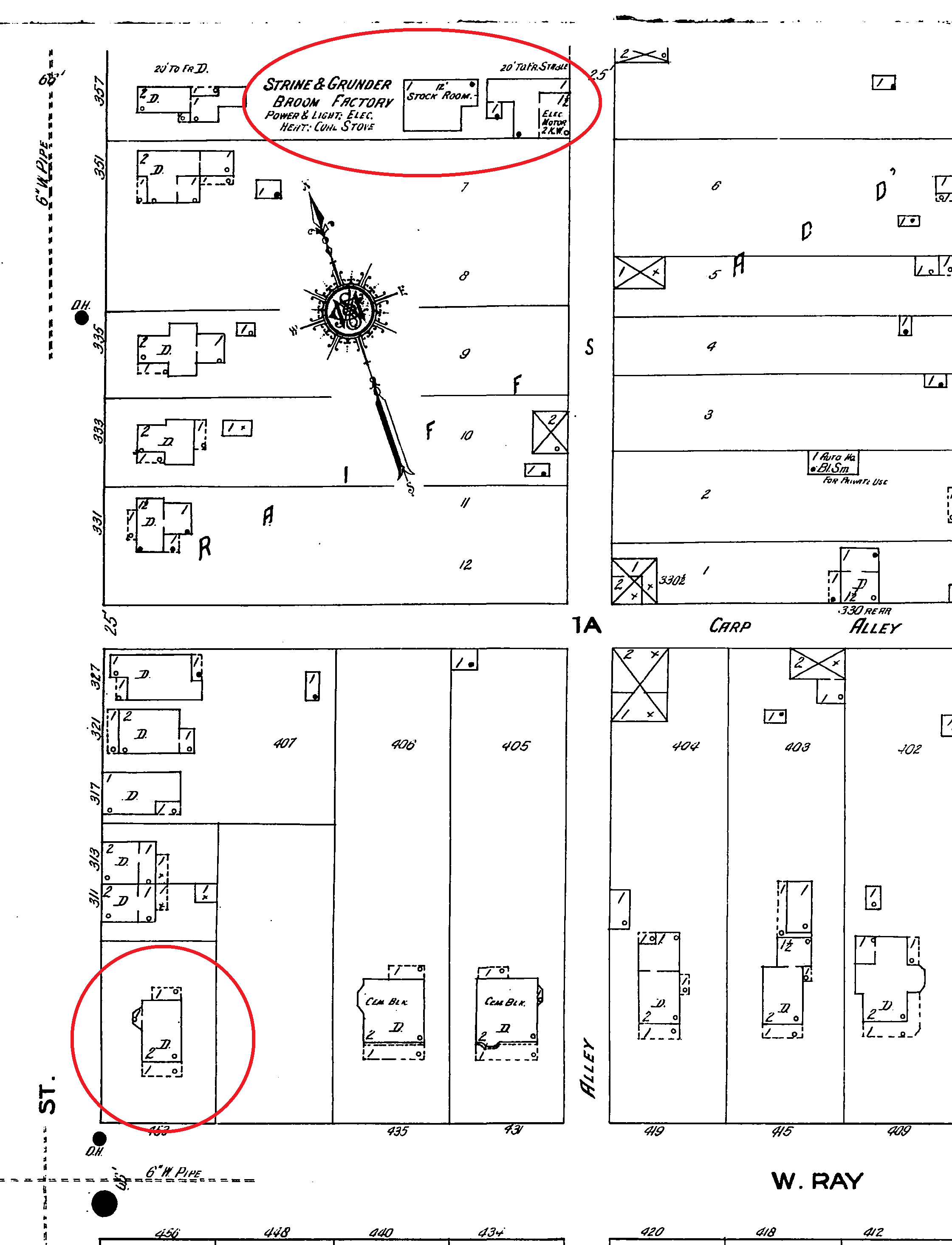 The Strine home and broom factory noted on the 1910 Sanborne Fire Insurance Map of New Philadelphia, Ohio. (Source: www.oplin.ohio.gov)