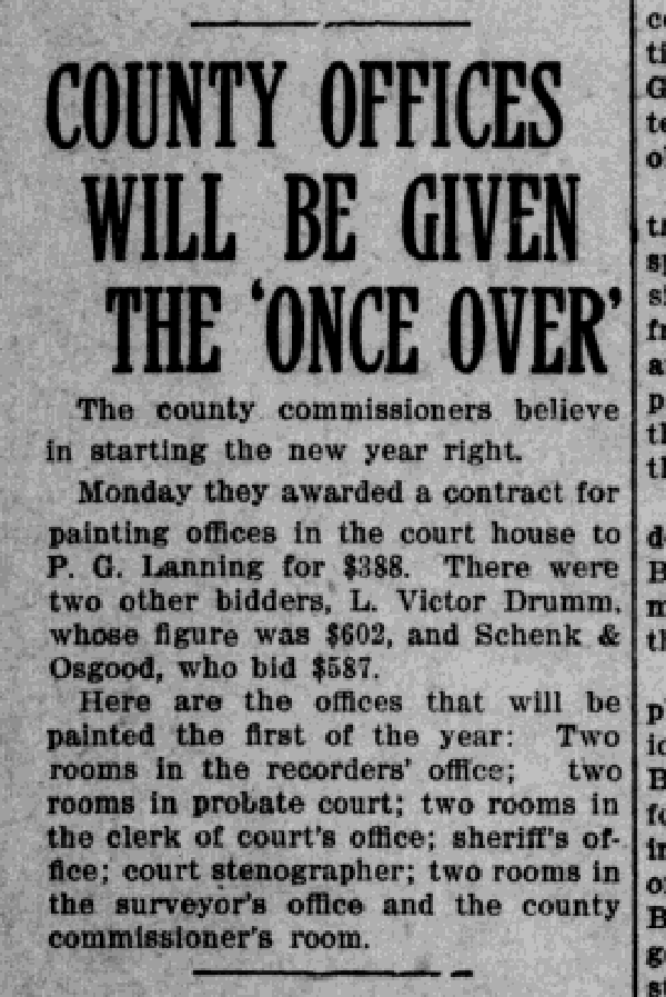 Newspaper article reporting Philip Lanning receiving the contract for painting offices at the county court house, December 1914.