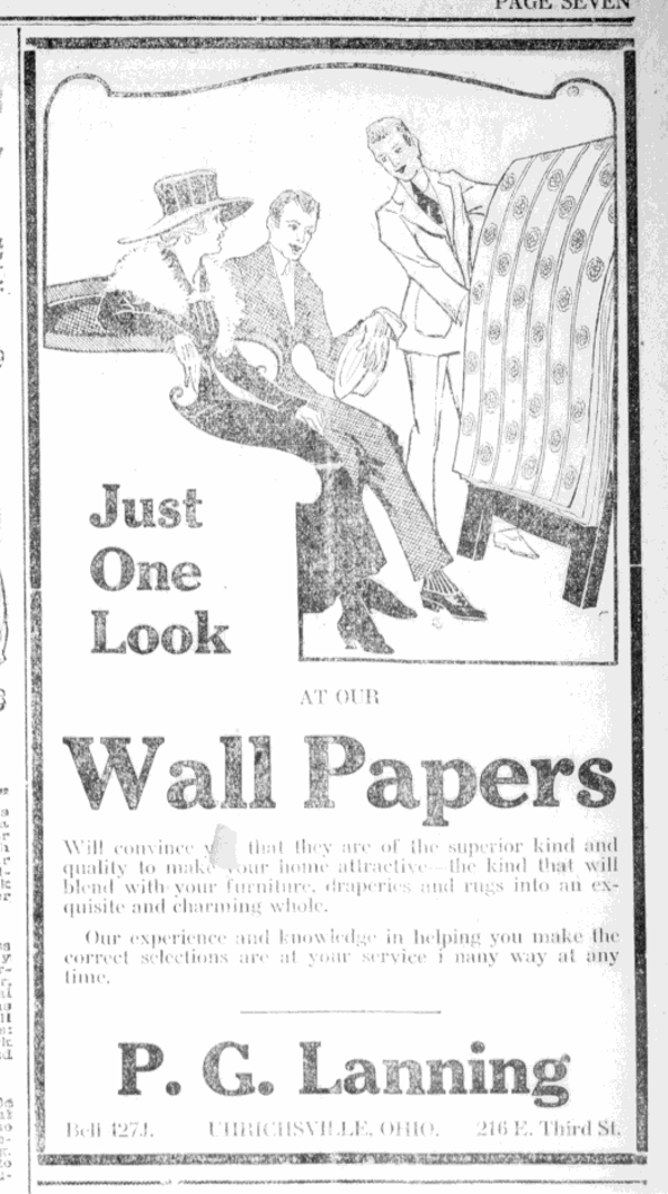 Advertisement for Philip G. Lanning's wall paper and paint store on Third Street in Uhrichsville, April 1919.