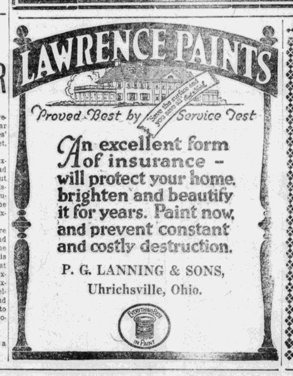 Advertisement for the P.G. Lanning & Sons paint and wall paper store on Third Street in Uhrichsville, August 1924.