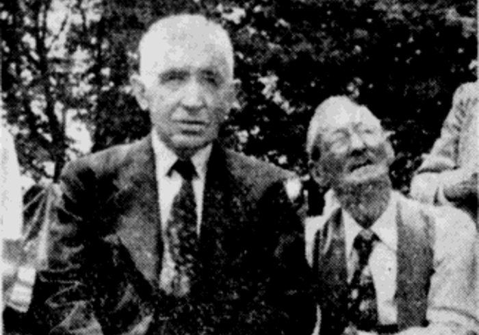 Image of David Forney (r) at the ceremony for the laying of the cornerstone on Union Hospital's new annex, 15 May 1950.