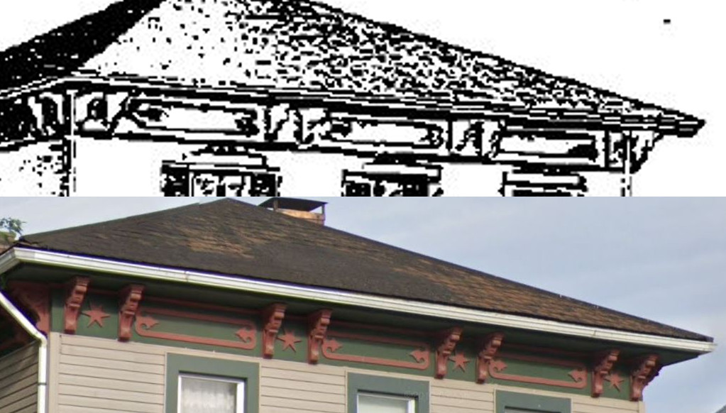 Detail of the eaves found on the Lanning House in the 1875 Atlas of Tuscarawas County (top) and today (bottom).