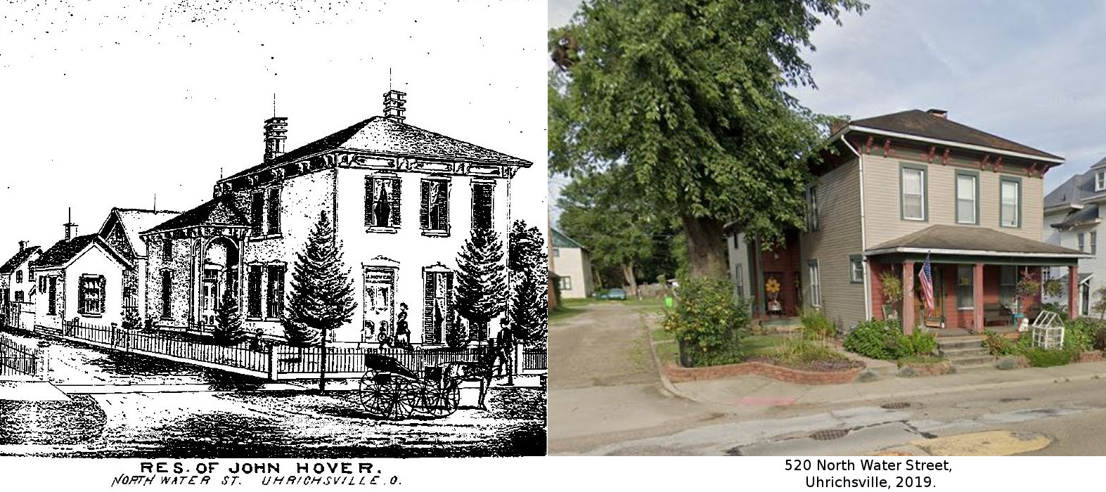 Comparison images of the Lanning House from 1875 (L) and 2019 (R).