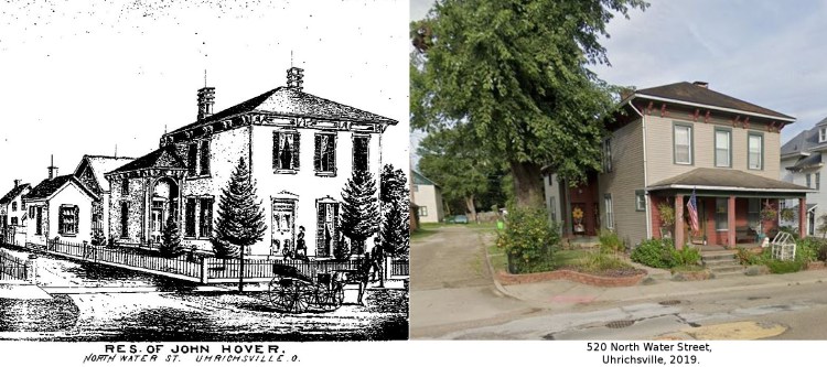 Comparison images of the Lanning House from 1875 (L) and 2019 (R).