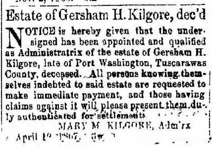 Newspaper announcing Mary M. Kilgore named as Executrix of the estate of Gershom H. Kilgore, April 1867.
