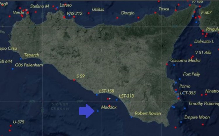 The location of the sinking of the USS Maddox (DD-622) of the southwest coast of Sicily, 10 July 1943. (Source: ww2sunkenships.ca)