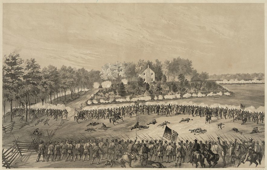 Battle of Jackson, Mississippi--Gallant charge of the 17th Iowa, 80th Ohio and 10th Missouri, supported by the first and third brigades of the seventh division / sketched by A.E. Mathews, 31st Reg., O.V.I.
