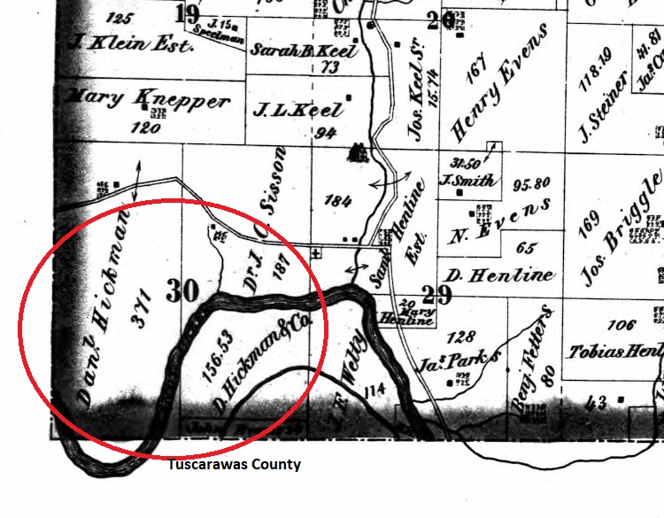 The location of the Hickman property on the southern border of Pike Township, Stark County just north of Bolivar, Tuscarawas County. (Source: ancestry.com)