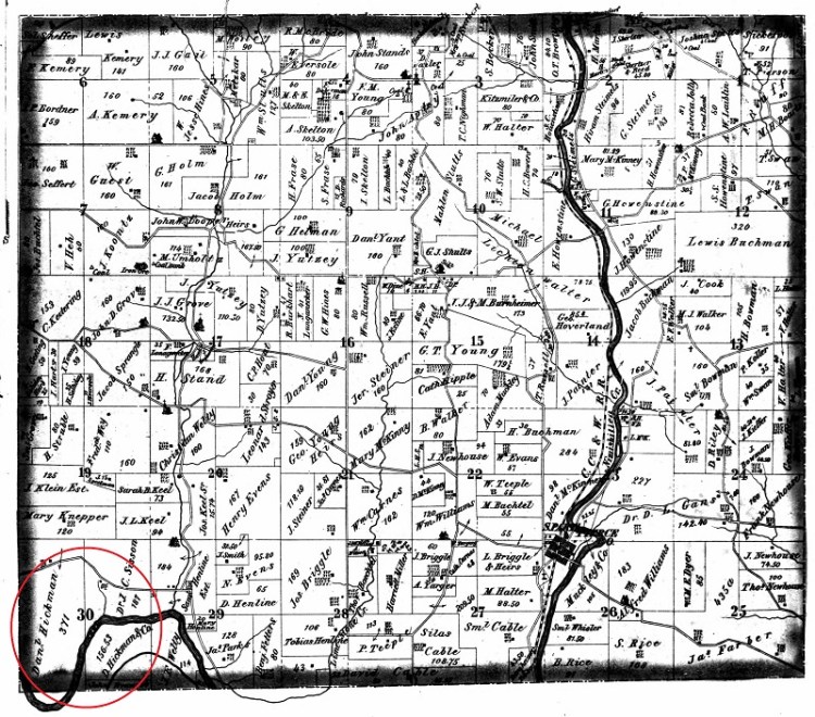 The location of Daniel Hickman's farm from the 1873 Atlas of Stark County, Ohio. (Source: ancestry.com)
