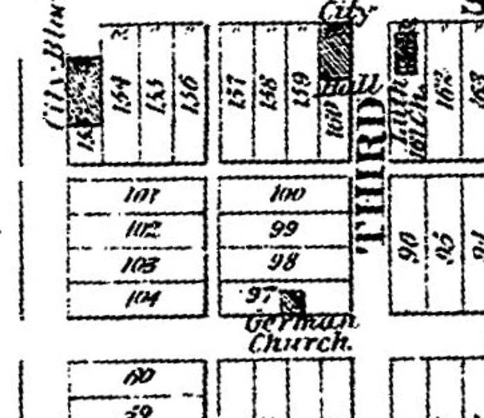 The "German Church" recorded on Lot 97 on Front Street, New Philadelphia in 1875. (Source: ancestry.com)