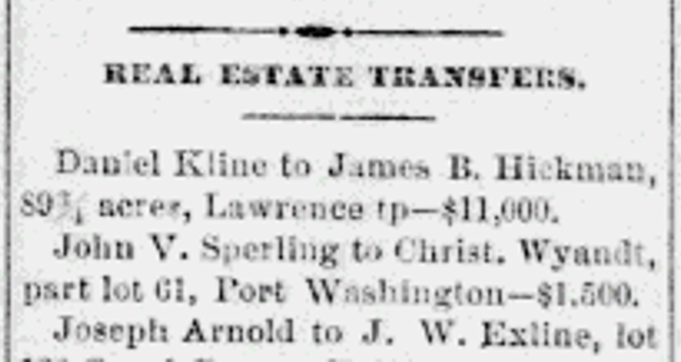 Reference to the 1882 Hickman purchase of the land north of Bolivar where the Hickman House is located. (Source: newspaperarchive.com)