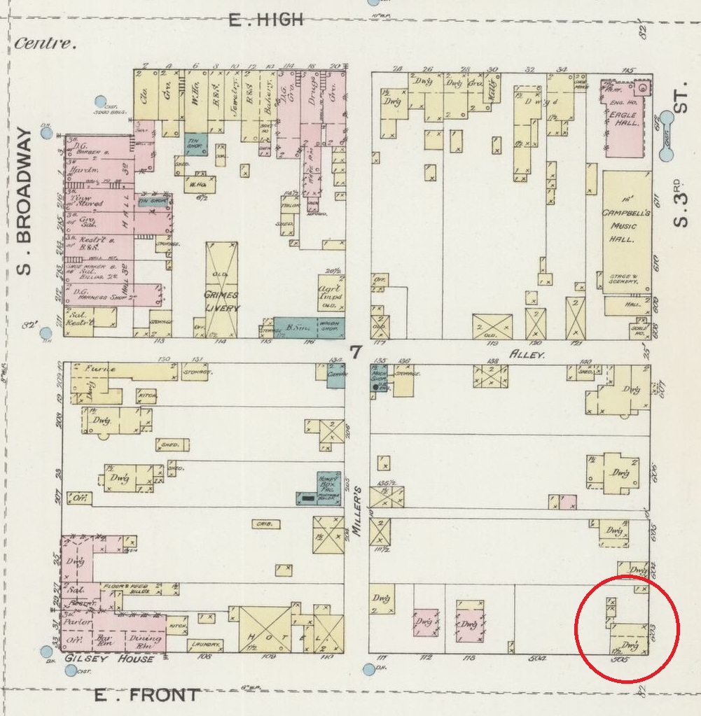 The location of the Maholm House on East Front Street as depicted on the 1887 Sanborne Fire Insurance map. (Source: loc.gov)