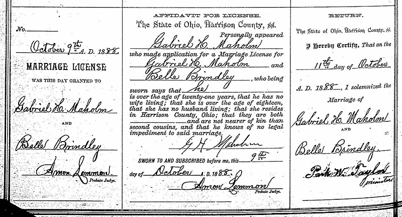 The 1888 marriage license of Gabriel Maholm and Belle Brindley. (Source: familysearch.org)
