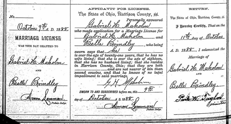 The 1888 marriage license of Gabriel Maholm and Belle Brindley. (Source: familysearch.org)