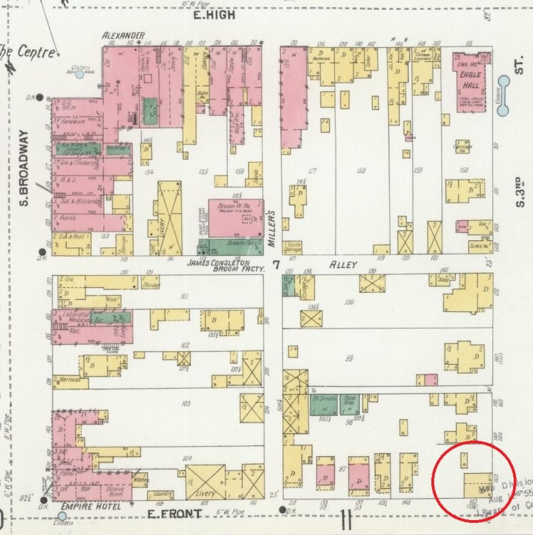 The location of the Maholm House on East Front Street as depicted on the 1901 Sanborne Fire Insurance map. (Source: loc.gov)