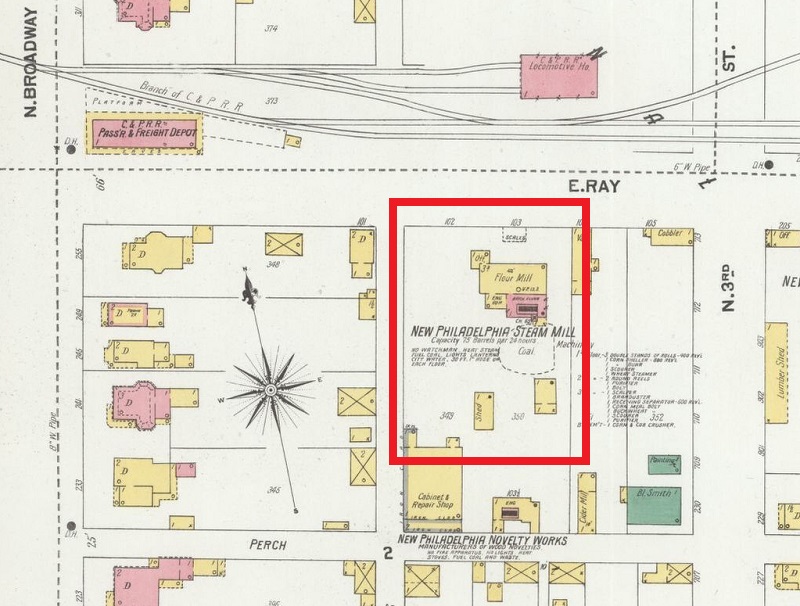 The location on East Ray Street of the New Philadelphia Steam Mill purchased by John D. Hartman and his partners, 1901. (Source: loc.gov)