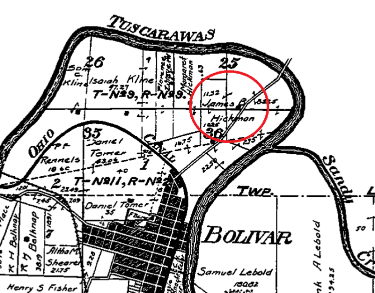 The Hickman property north of Bolivar depicted in the 1906 Atlas of Tuscarawas County. (Source: ancestry.com)