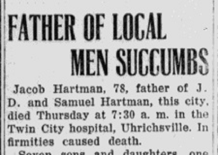 The newspaper report on the death of Jacob Hartman, John D. Hartman's father, 29 September 1921. (Source: newspaperarchive.com)