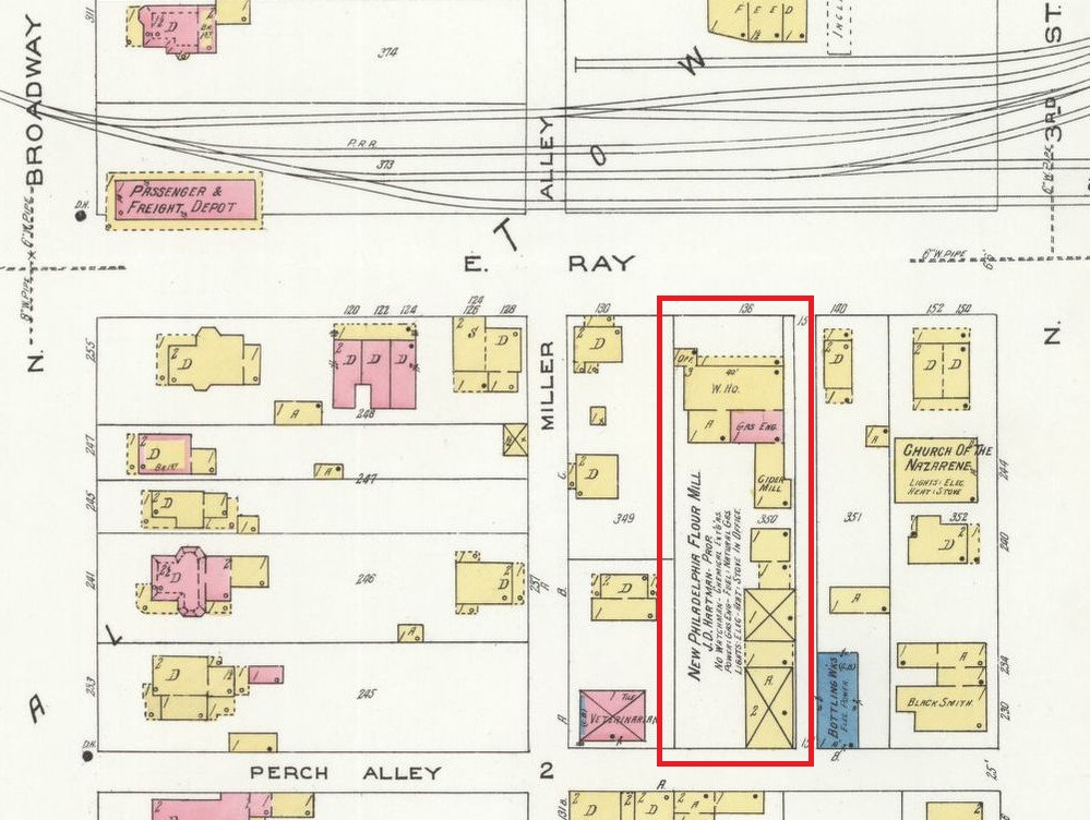 John D. Hartman's New Philadelphia Flour Mill depicted on the 1926 Sanborne Fire Insurance map. (Source: loc.gov)