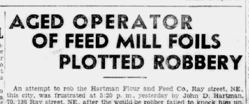 Headline on the article detailing the attempted robbery of the mill belonging to John D. Hartman, 18 June 1938. (Source: newspaperarchive.org)