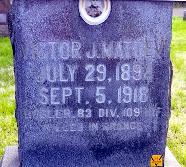 Bugler Victor J. Mattevi's headstone in Calvary Cemetery, New Philadelphia, Ohio. The headstone erroneously lists his division as the 83rd when it was actually the 28th. (Source: findagrave.com)