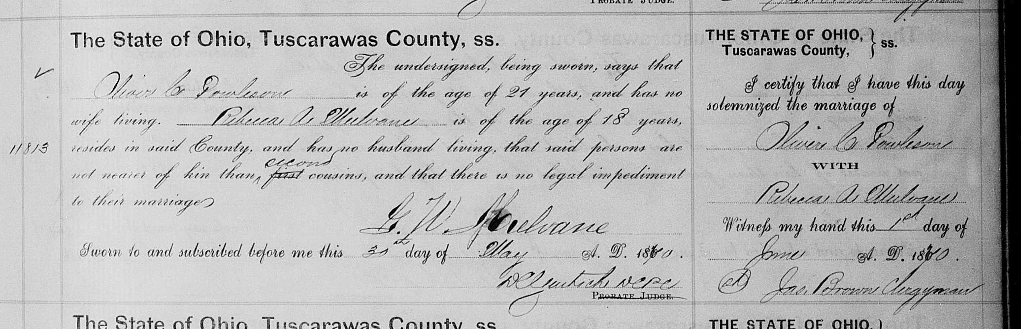 Marriage record of Oliver C. Powleson and Rebecca Mulgrave, recorded on 1 June 1870. (Source: familysearch.org)