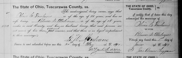 Marriage record of Oliver C. Powleson and Rebecca Mulgrave, recorded on 1 June 1870. (Source: familysearch.org)