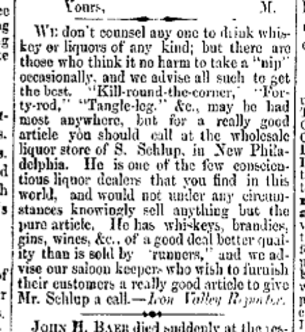 One of the earliest references to Samuel Schlup's liquor business in the New Philadelphia press, 15 March 1877. (Source: newspaperarchive.org)
