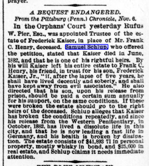 An article that appeared in the New York Times mentioning Samuel Schlup and his associate Frederick Kaiser, 8 November 1884. (Source: archive.org)