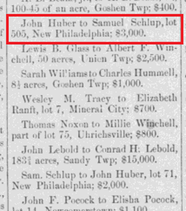 Samuel Schlup's purchase of lot 505 on West High Street from John Huber, reported in the newspaper, December 1884. (Source: newspaperarchive.org)