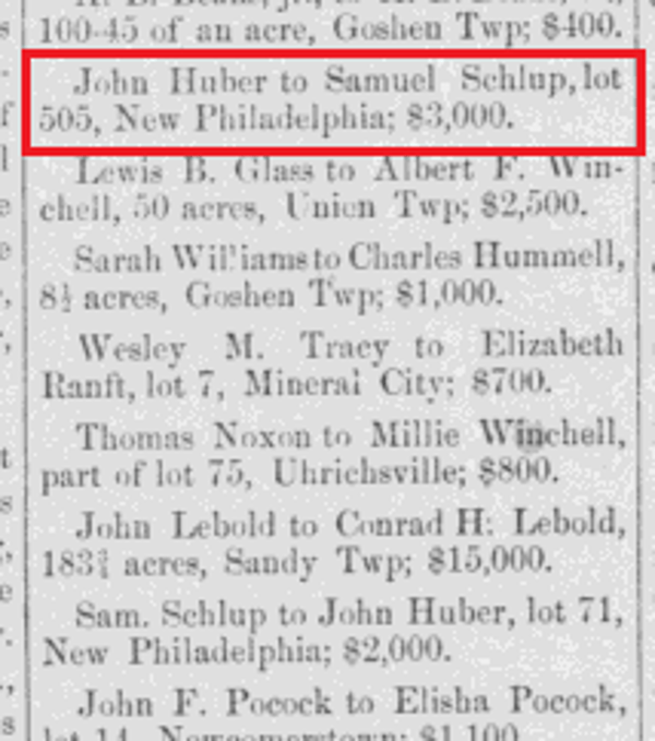 Samuel Schlup's purchase of lot 505 on West High Street from John Huber, reported in the newspaper, December 1884. (Source: newspaperarchive.org)